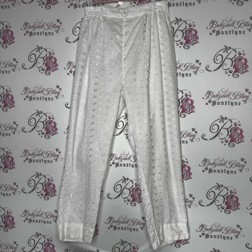 Pants floral embroidered white lounge flowy lounge lightweight flowers shimmer